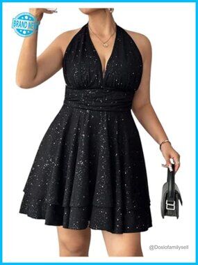 Sequin Sparkly Sleeveless Halter Short Dress Plus Size Club Night Out